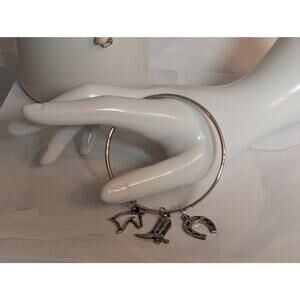 Vintage 1980s Silver-Tone Bangle Bracelet w/ Horse, Horseshoe, & Boot Charms